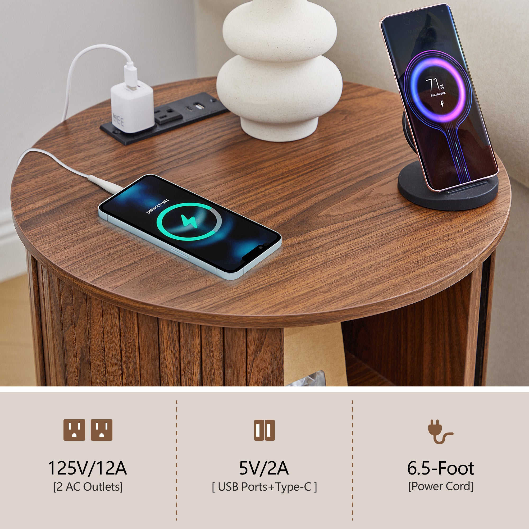 YOCWO Round End Table Set of 2 with Charging Station, Vertical Strip Side Tables with Sliding Door Storage for Living Room