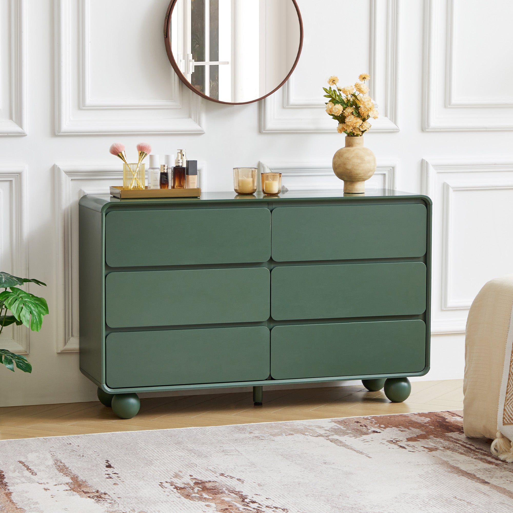 YOCWO 6 Drawer Dresser for Bedroom, Mid Century Chest of Drawers with Arc Edge and Round Leg, Wood Storage Large Dresser Organizer for Bedroom Living Room Hallway Closet