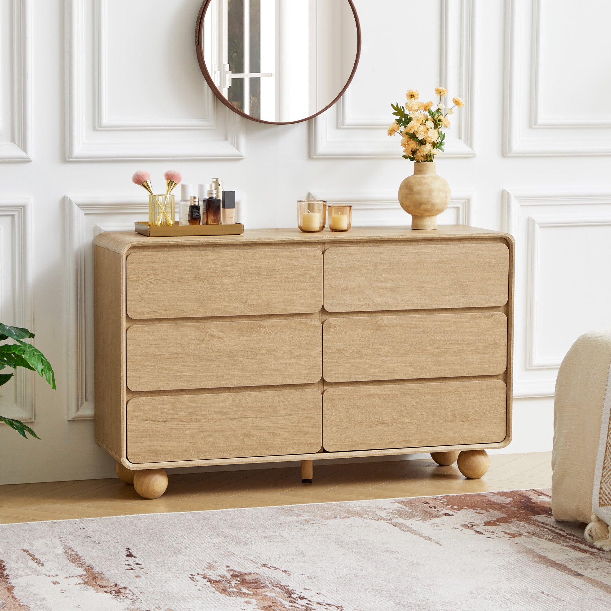 YOCWO 6 Drawer Dresser for Bedroom, Mid Century Chest of Drawers with Arc Edge and Round Leg, Wood Storage Large Dresser Organizer for Bedroom Living Room Hallway Closet