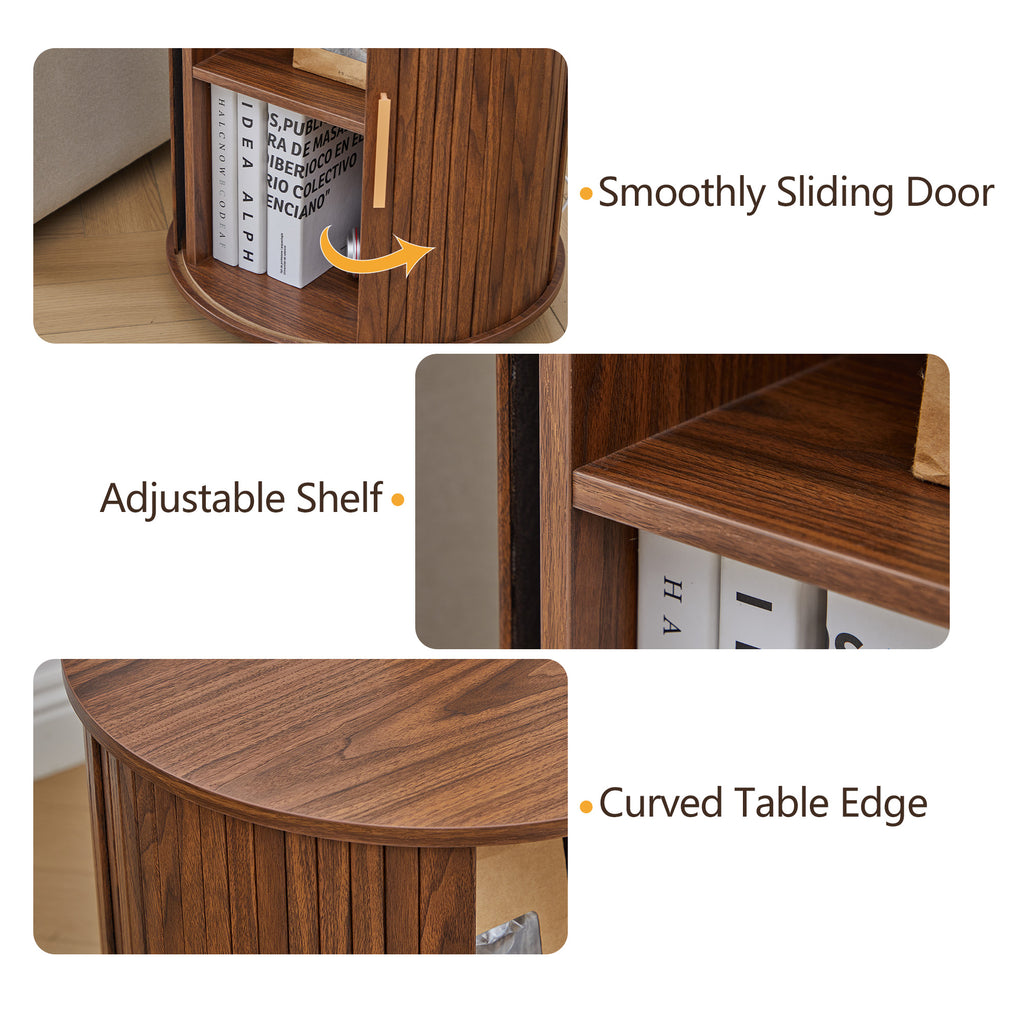 YOCWO Round End Table Set of 2 with Charging Station, Vertical Strip Side Tables with Sliding Door Storage for Living Room