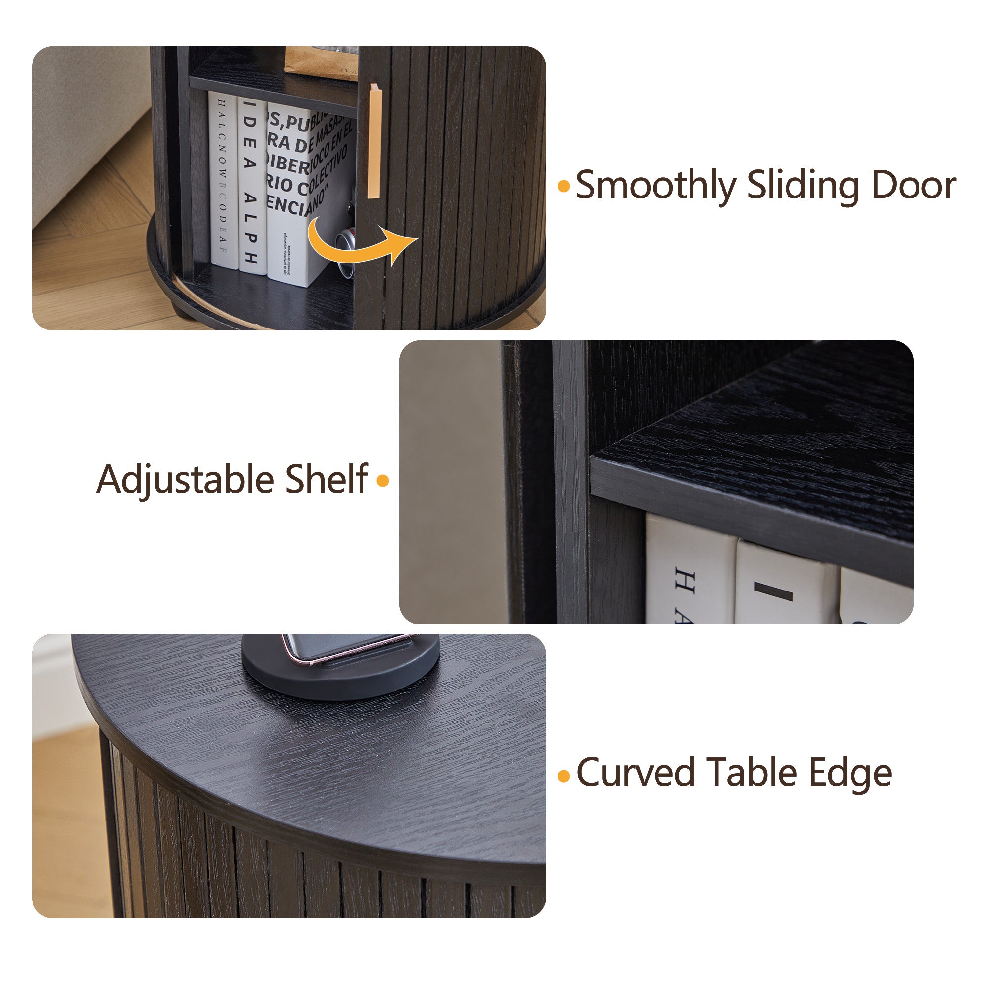 YOCWO Round End Table Set of 2 with Charging Station, Vertical Strip Side Tables with Sliding Door Storage for Living Room