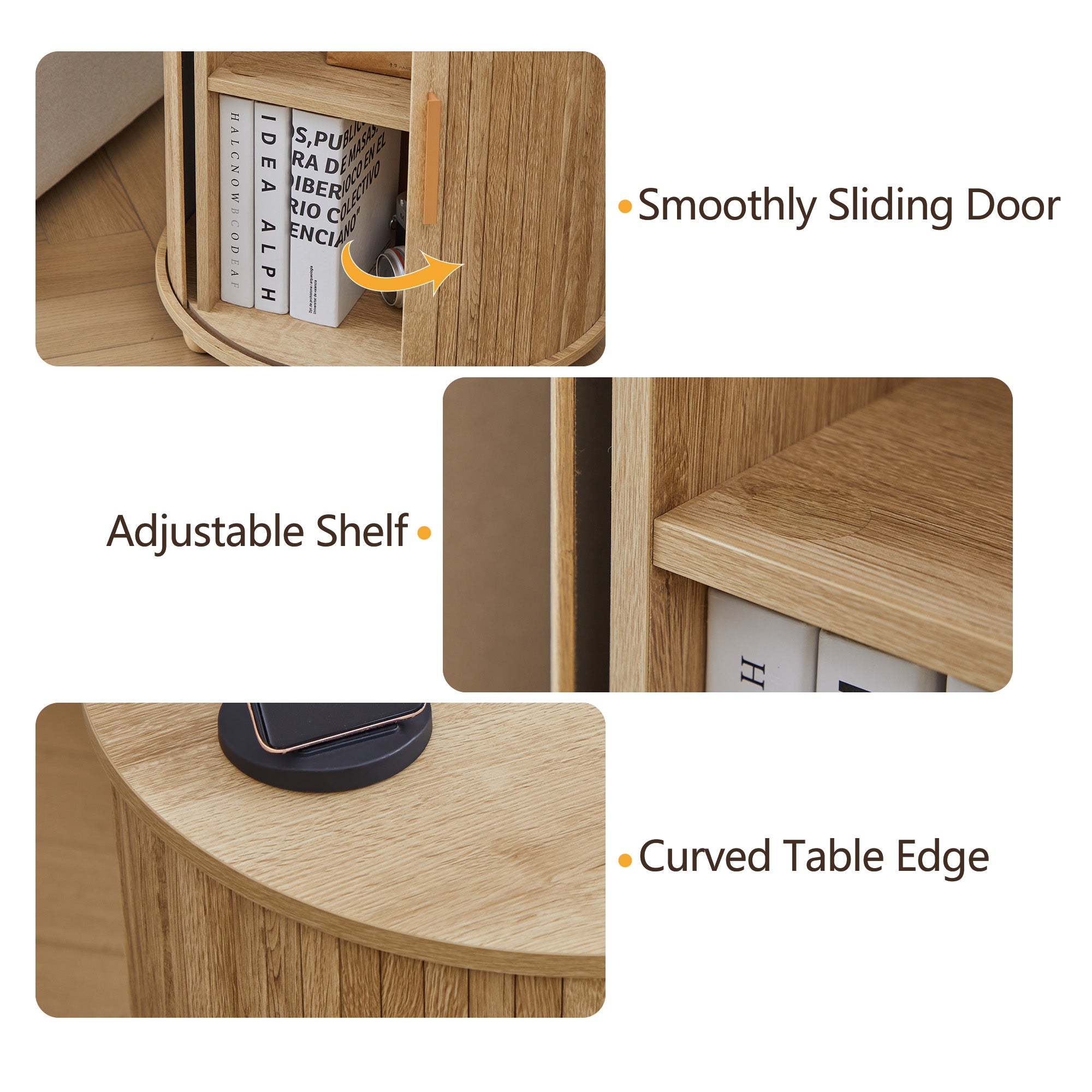 YOCWO Round End Table Set of 2 with Charging Station, Vertical Strip Side Tables with Sliding Door Storage for Living Room