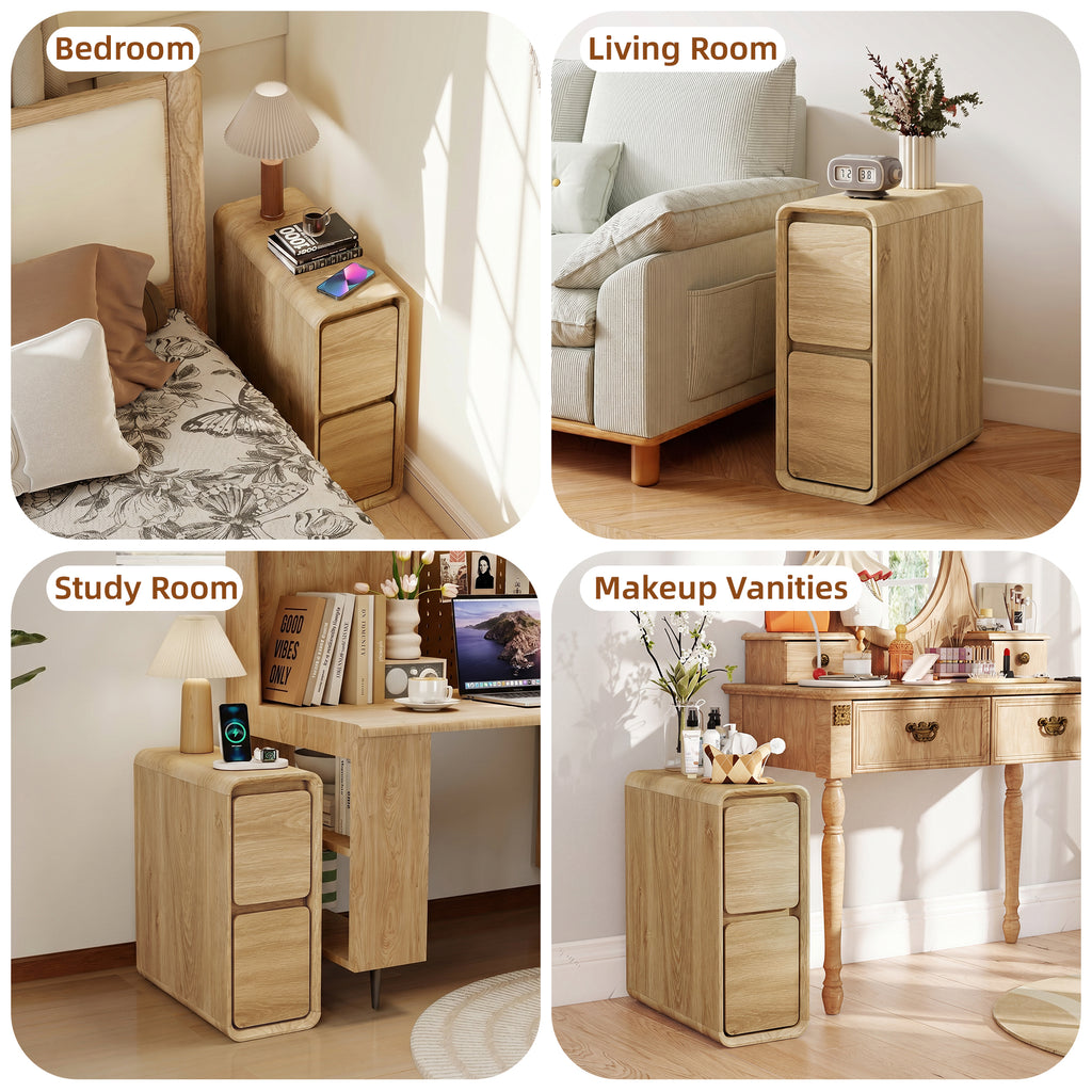 YOCWO Narrow Nightstand for Bedroom, Mid Century End Table with Arc Edge and Round Leg, Wood Storage Chest of Drawer Organizer for Bedroom Living Room Hallway Closet