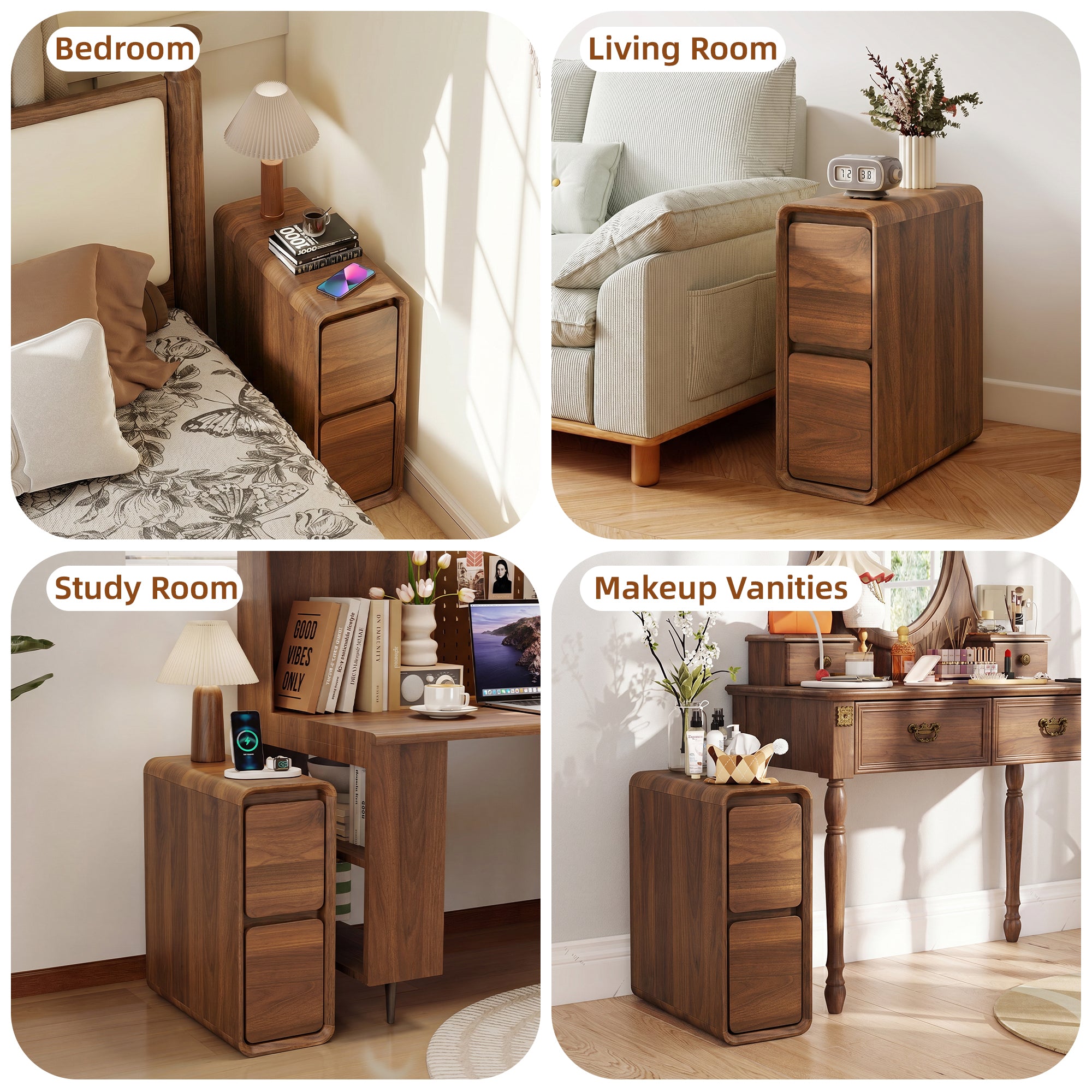 YOCWO Narrow Nightstand for Bedroom, Mid Century End Table with Arc Edge and Round Leg, Wood Storage Chest of Drawer Organizer for Bedroom Living Room Hallway Closet