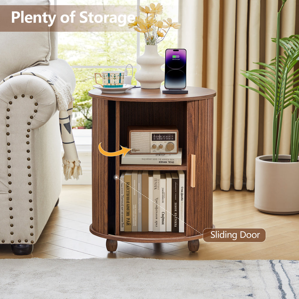 YOCWO Round End Table Set of 2 with Charging Station, Vertical Strip Side Tables with Sliding Door Storage for Living Room