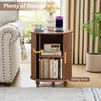 YOCWO Round End Table Set of 2 with Charging Station, Vertical Strip Side Tables with Sliding Door Storage for Living Room