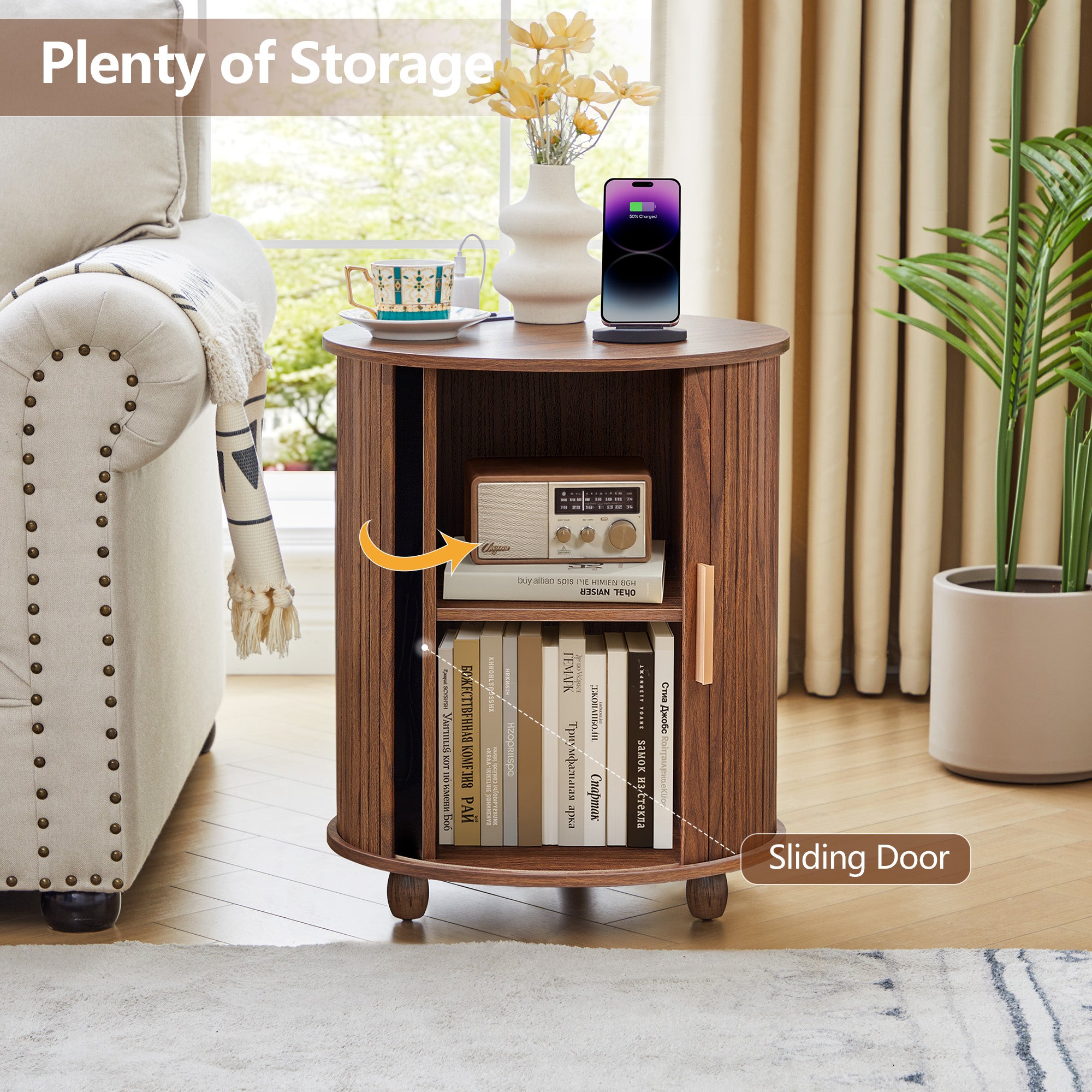 YOCWO Round End Table Set of 2 with Charging Station, Vertical Strip Side Tables with Sliding Door Storage for Living Room