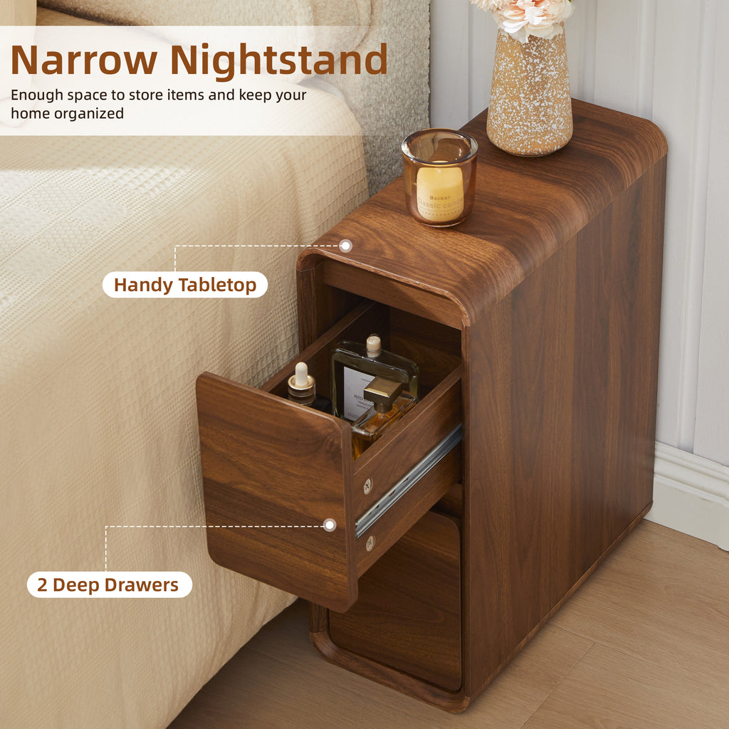 YOCWO Narrow Nightstand for Bedroom, Mid Century End Table with Arc Edge and Round Leg, Wood Storage Chest of Drawer Organizer for Bedroom Living Room Hallway Closet