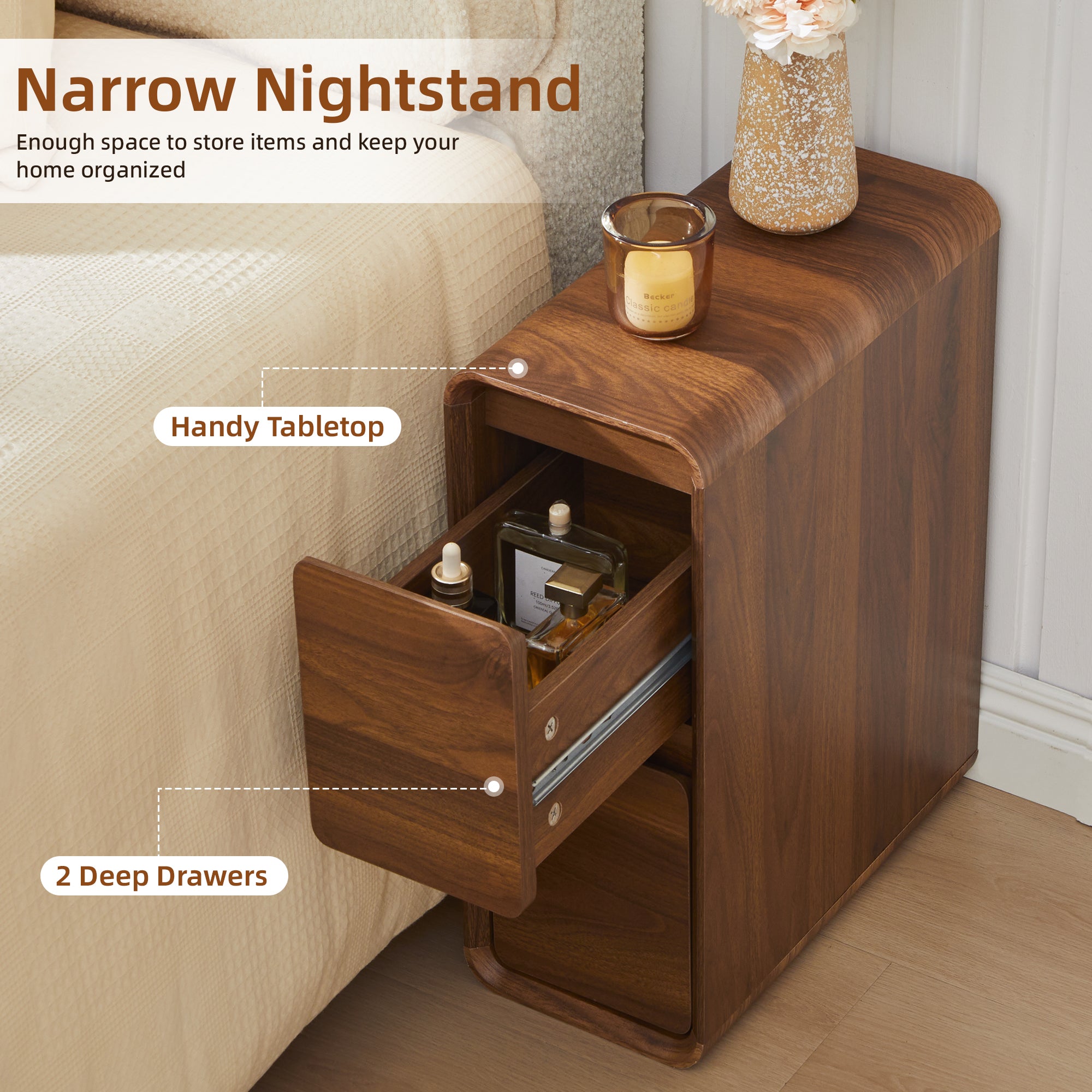 YOCWO Narrow Nightstand for Bedroom, Mid Century End Table with Arc Edge and Round Leg, Wood Storage Chest of Drawer Organizer for Bedroom Living Room Hallway Closet