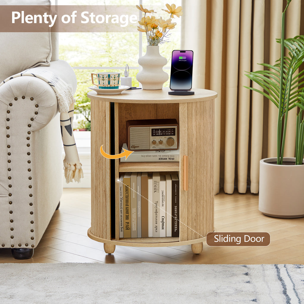YOCWO Round End Table Set of 2 with Charging Station, Vertical Strip Side Tables with Sliding Door Storage for Living Room