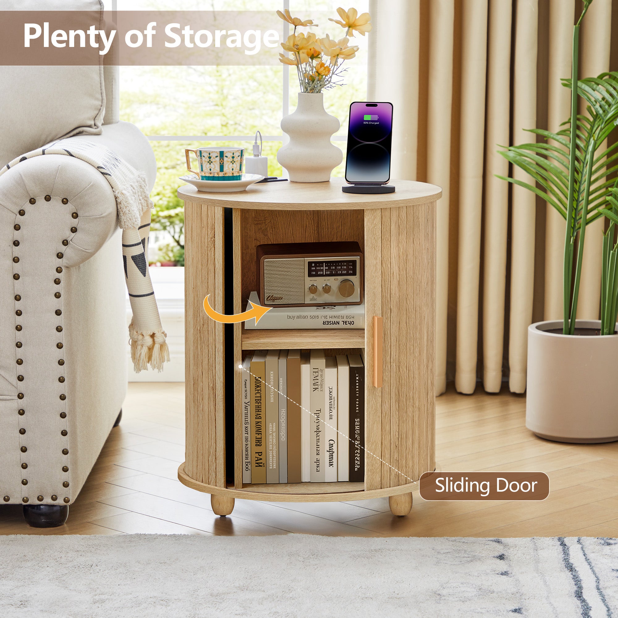 YOCWO Round End Table Set of 2 with Charging Station, Vertical Strip Side Tables with Sliding Door Storage for Living Room