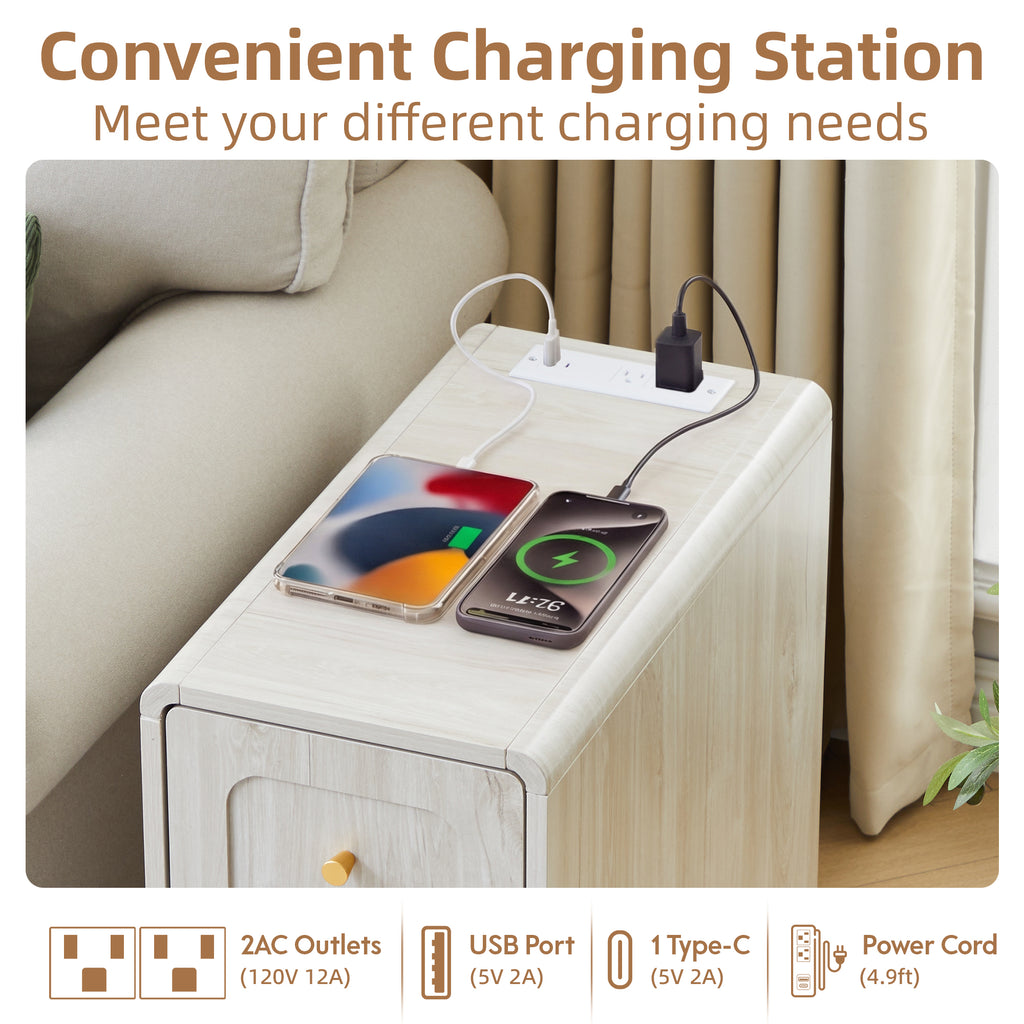 YOCWO Narrow End Table with Charging Station, Slim Nightstand Side Table with Drawer and Door for Living Room Bedroom