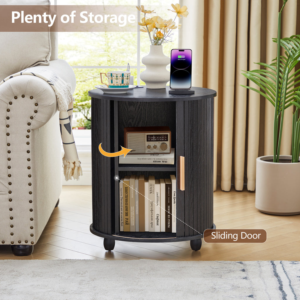 YOCWO Round End Table Set of 2 with Charging Station, Vertical Strip Side Tables with Sliding Door Storage for Living Room