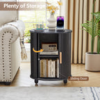 YOCWO Round End Table Set of 2 with Charging Station, Vertical Strip Side Tables with Sliding Door Storage for Living Room
