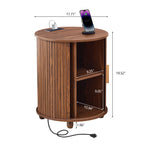 YOCWO Round End Table Set of 2 with Charging Station, Vertical Strip Side Tables with Sliding Door Storage for Living Room