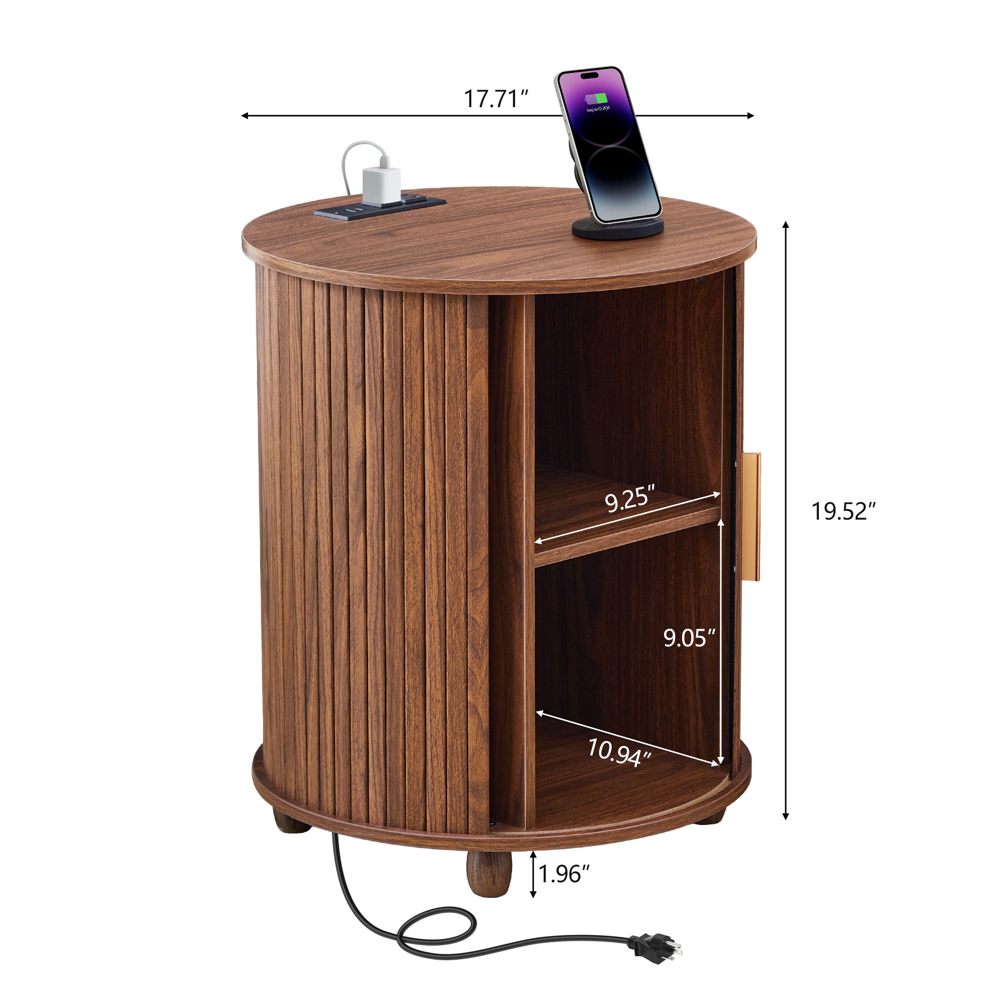 YOCWO Round End Table Set of 2 with Charging Station, Vertical Strip Side Tables with Sliding Door Storage for Living Room