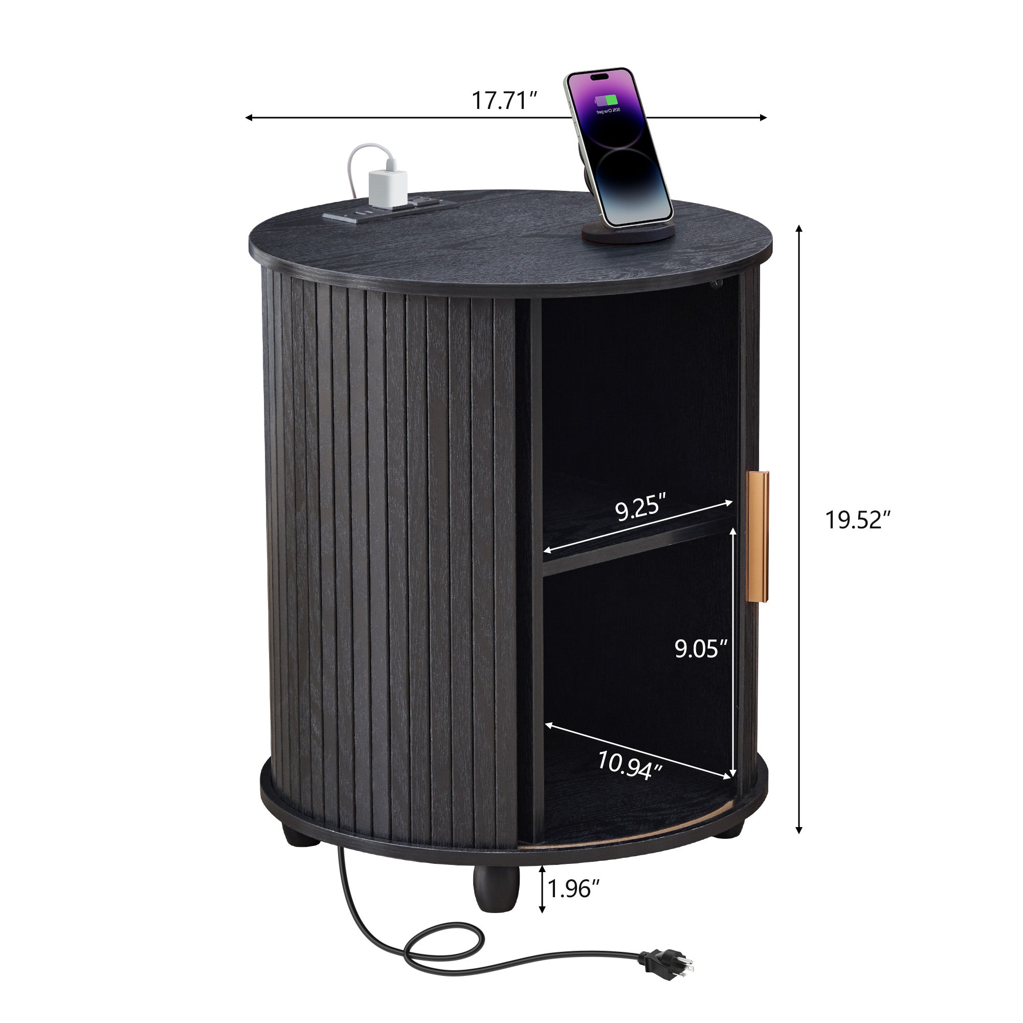 YOCWO Round End Table Set of 2 with Charging Station, Vertical Strip Side Tables with Sliding Door Storage for Living Room