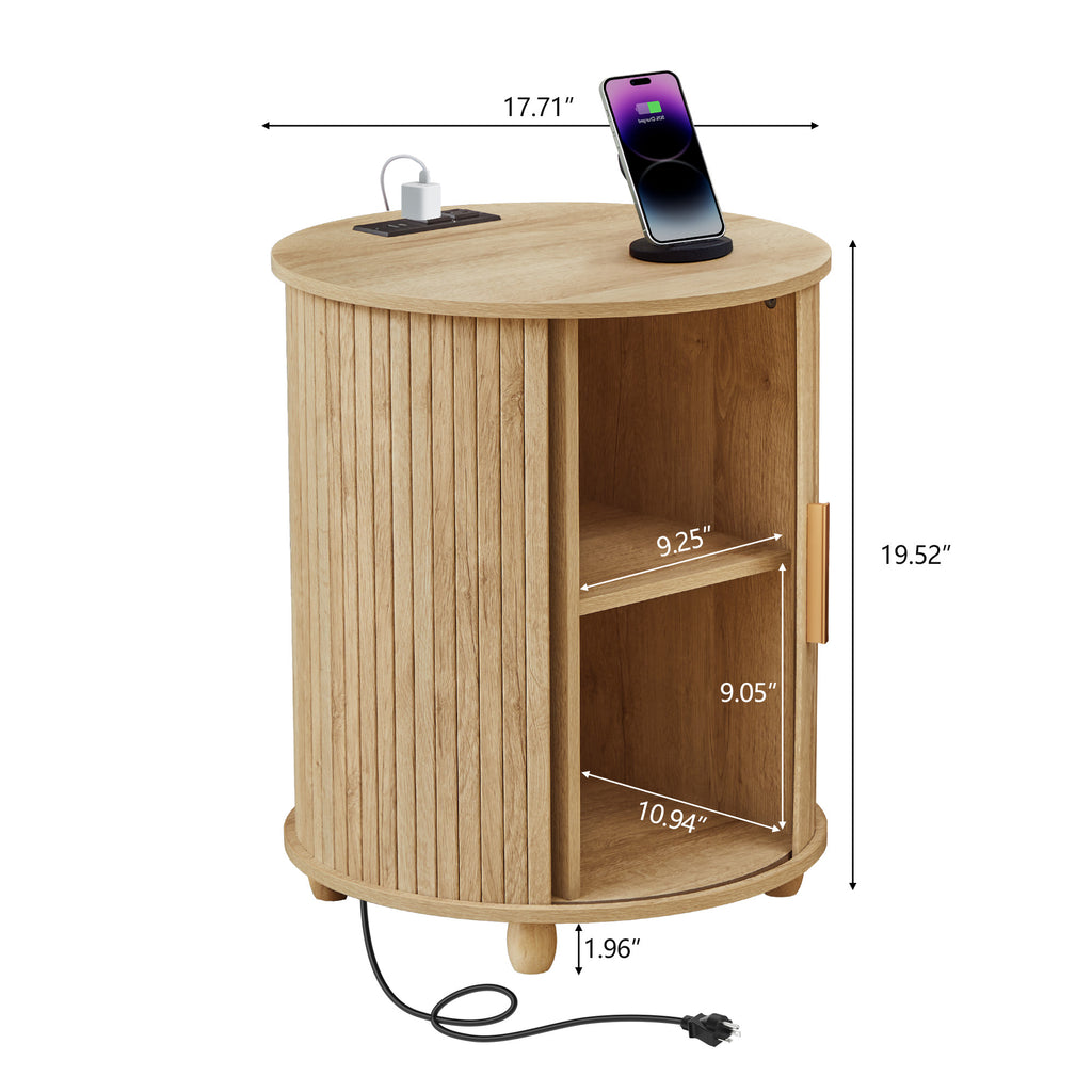 YOCWO Round End Table Set of 2 with Charging Station, Vertical Strip Side Tables with Sliding Door Storage for Living Room