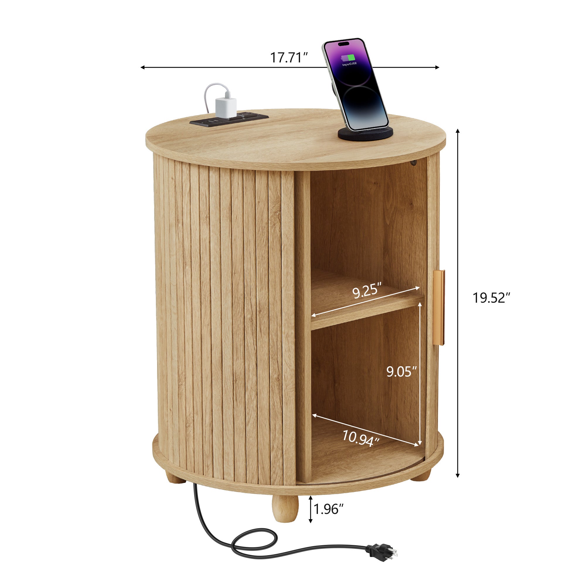 YOCWO Round End Table Set of 2 with Charging Station, Vertical Strip Side Tables with Sliding Door Storage for Living Room