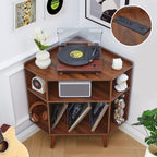 YOCWO Triangle Record Player Stand with Charging Station, Turntable Stand Table Holds Max 200 Albums, Corner Vinyl Record Storage Cabinet with Wood Legs for Living Room Bedroom Office