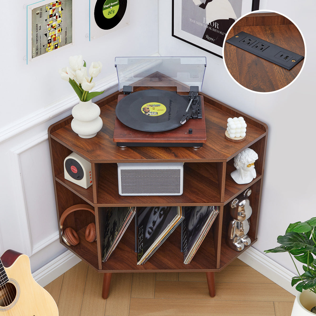 YOCWO Triangle Record Player Stand with Charging Station, Turntable Stand Table Holds Max 200 Albums, Corner Vinyl Record Storage Cabinet with Wood Legs for Living Room Bedroom Office