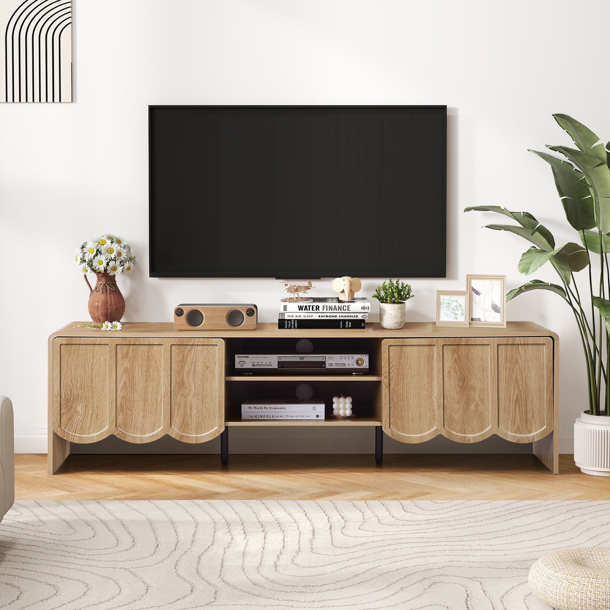 YOCWO TV Stands for 65 inch tv, TV Stand with Sliding Wave Doors, Wood Entertainment Center for TVs, Media Console Cabinet with Open Storage for Living Room