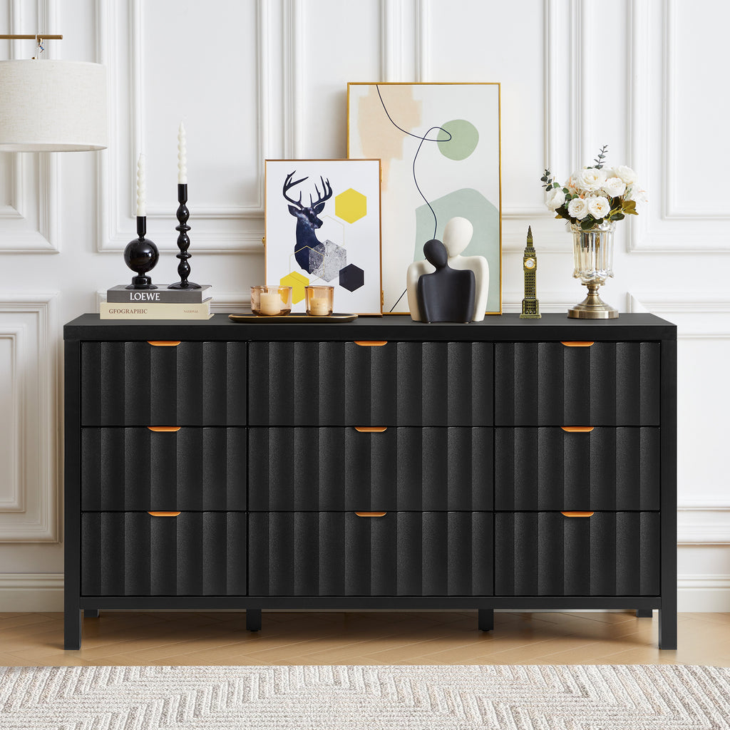 YOCWO 58.5" Wide 9 Drawer Dresser with Wave Fluted, Mid Century Storage Dresser Chest of Drawer for Bedroom