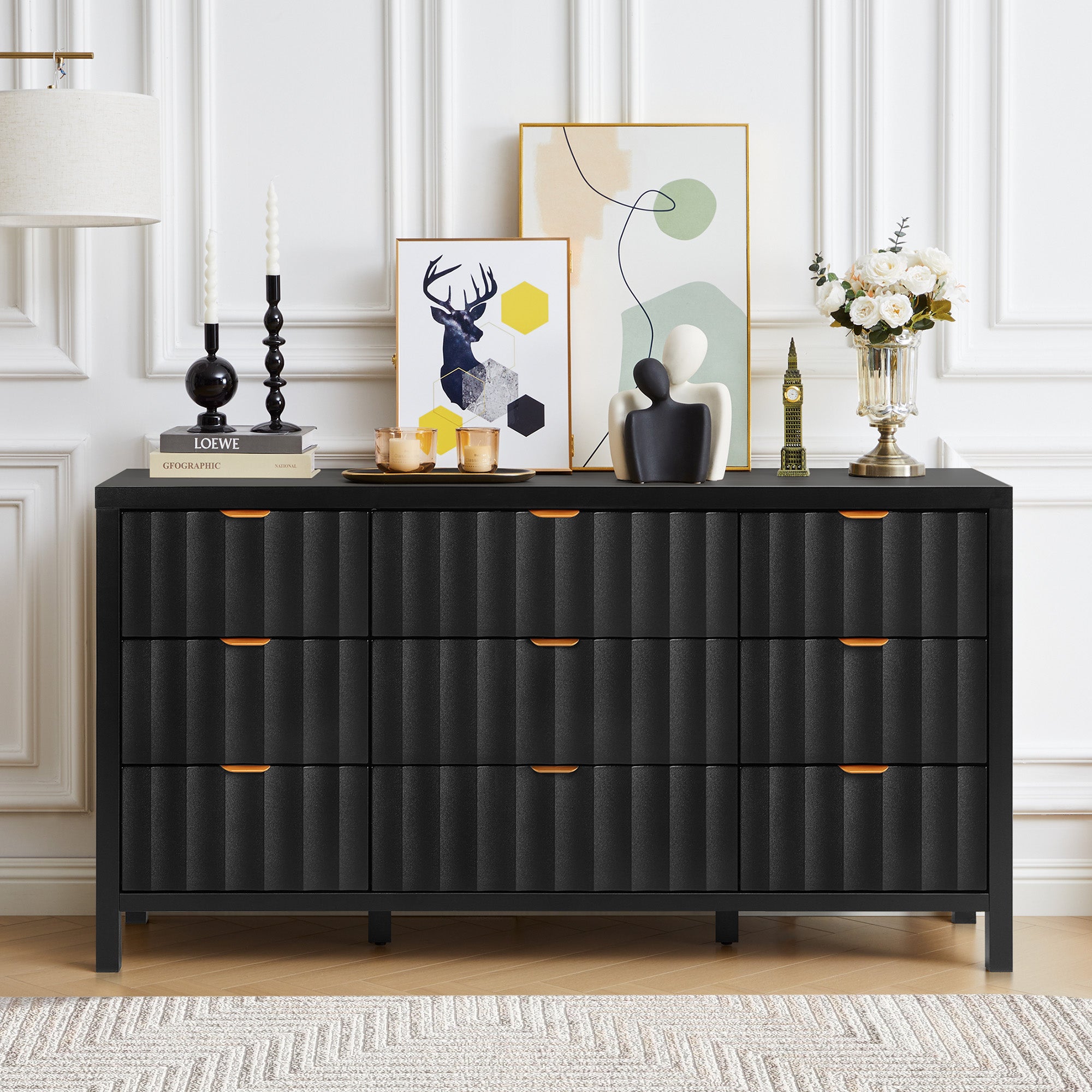 YOCWO 58.5" Wide 9 Drawer Dresser with Wave Fluted, Mid Century Storage Dresser Chest of Drawer for Bedroom