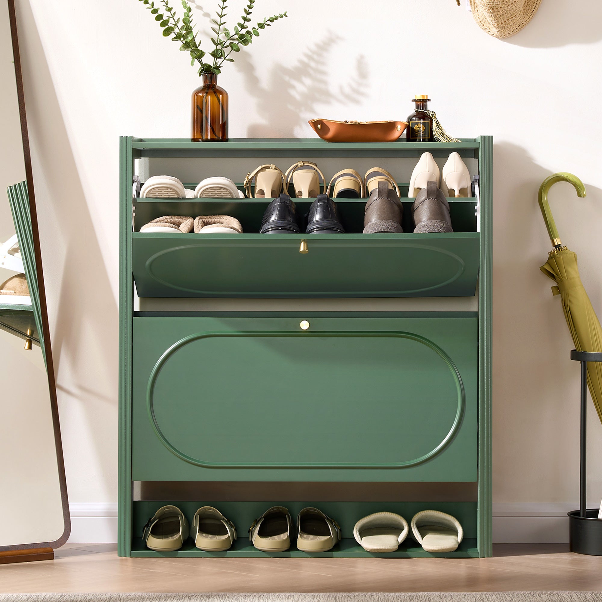 YOCWO Fluted Shoe Storage Cabinet with 2 Flip Drawers, Mid Century Wood Shoe Rack Organizer with Open Shelf, Freestanding Narrow Shoe Cabinet for Entryway Hallway