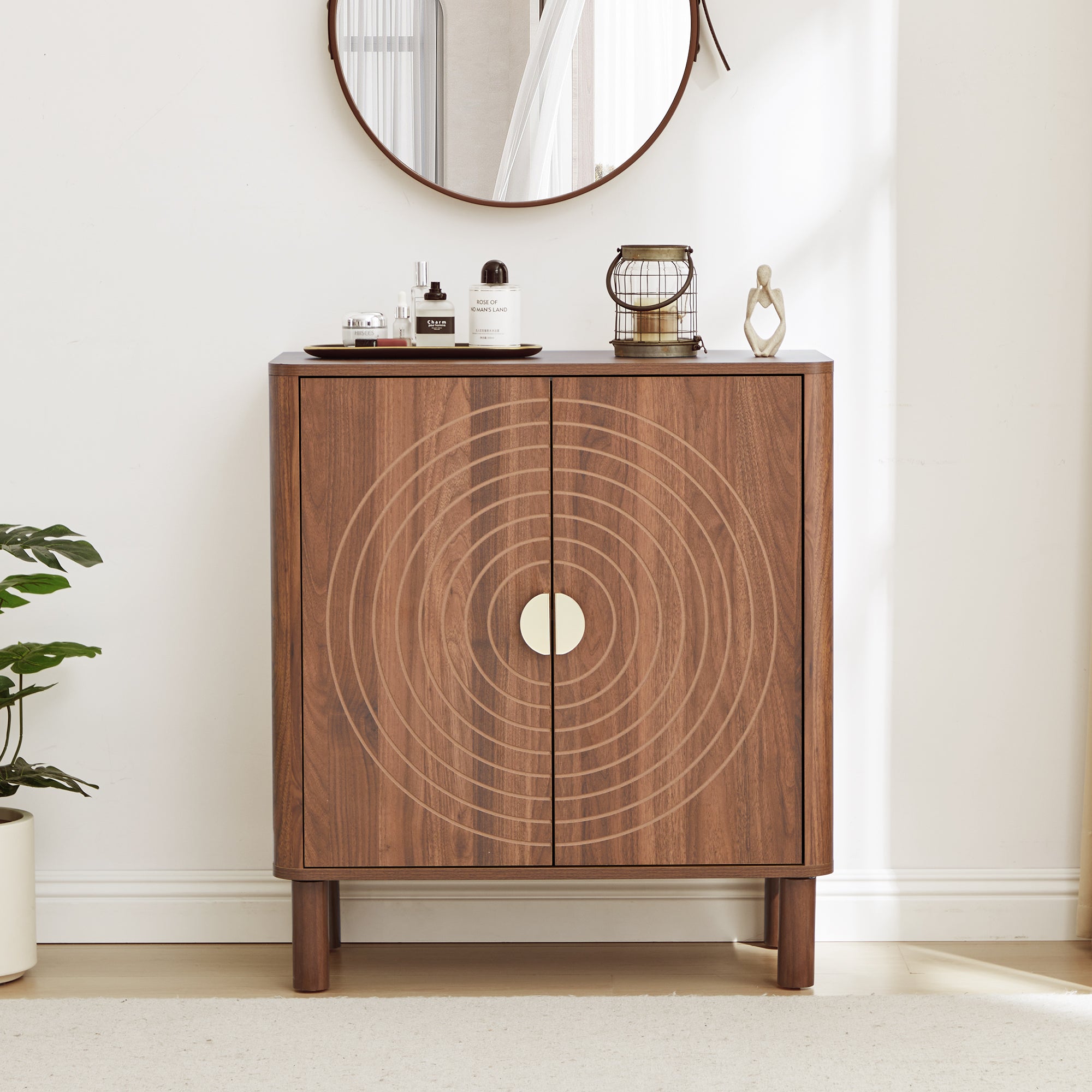 Accent Cabinet with Round Carved Line Door for Entryway Hallway, Natural Sideboard Buffet Cabinet, Storage Cabinet with Adjustable Shelves for Living Room