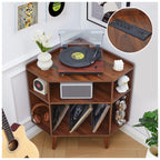 YOCWO Triangle Record Player Stand with Charging Station, Turntable Stand Table Holds Max 200 Albums, Corner Vinyl Record Storage Cabinet with Wood Legs for Living Room Bedroom Office