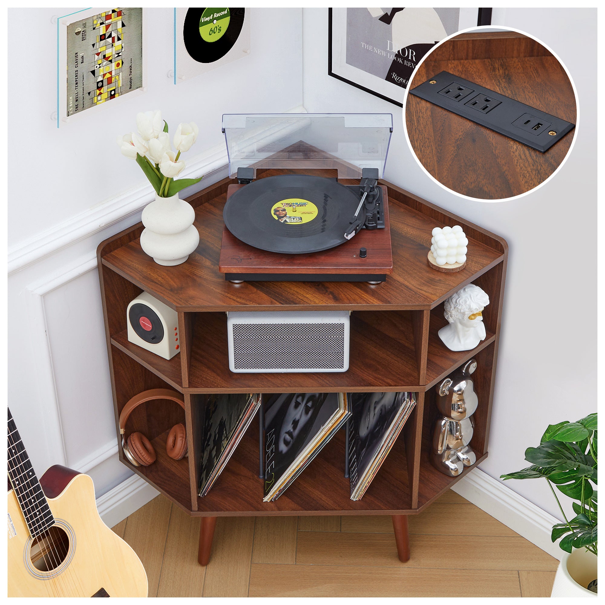 YOCWO Triangle Record Player Stand with Charging Station, Turntable Stand Table Holds Max 200 Albums, Corner Vinyl Record Storage Cabinet with Wood Legs for Living Room Bedroom Office