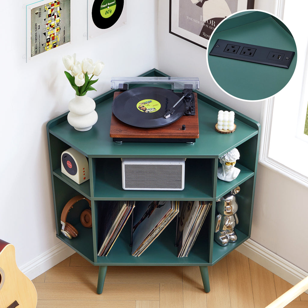 YOCWO Triangle Record Player Stand with Charging Station, Turntable Stand Table Holds Max 200 Albums, Corner Vinyl Record Storage Cabinet with Wood Legs for Living Room Bedroom Office