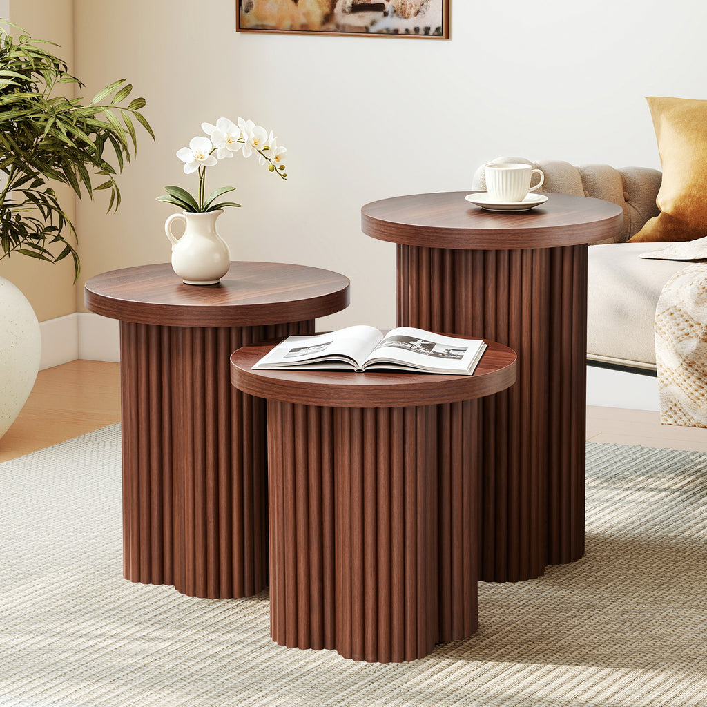 YOCWO 3 Pieces Round End Table with Fluted Plum Leg, Mid Century Modern Coffee Table Set of 3