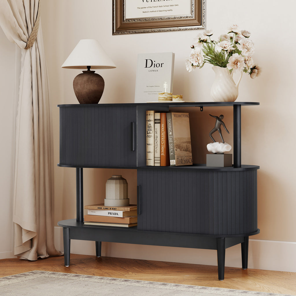 YOCWO 42.51" Oval Sideboard Buffet Cabinet with Tambour Sliding Door,Oval Curved Fluted Sideboard with Open Shelf, Buffet Storage Cabinet for Dining Room Living Room Entryway