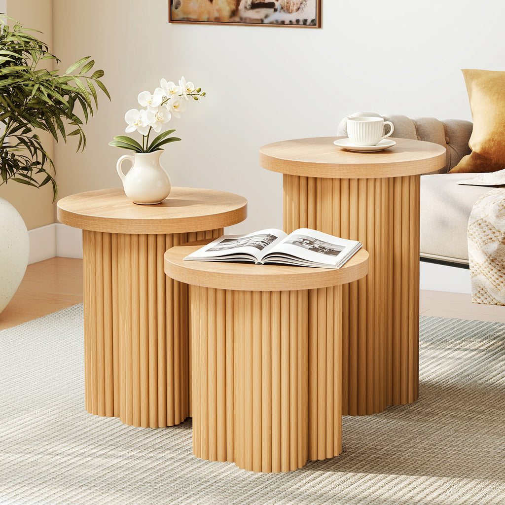 YOCWO 3 Pieces Round End Table with Fluted Plum Leg, Mid Century Modern Coffee Table Set of 3