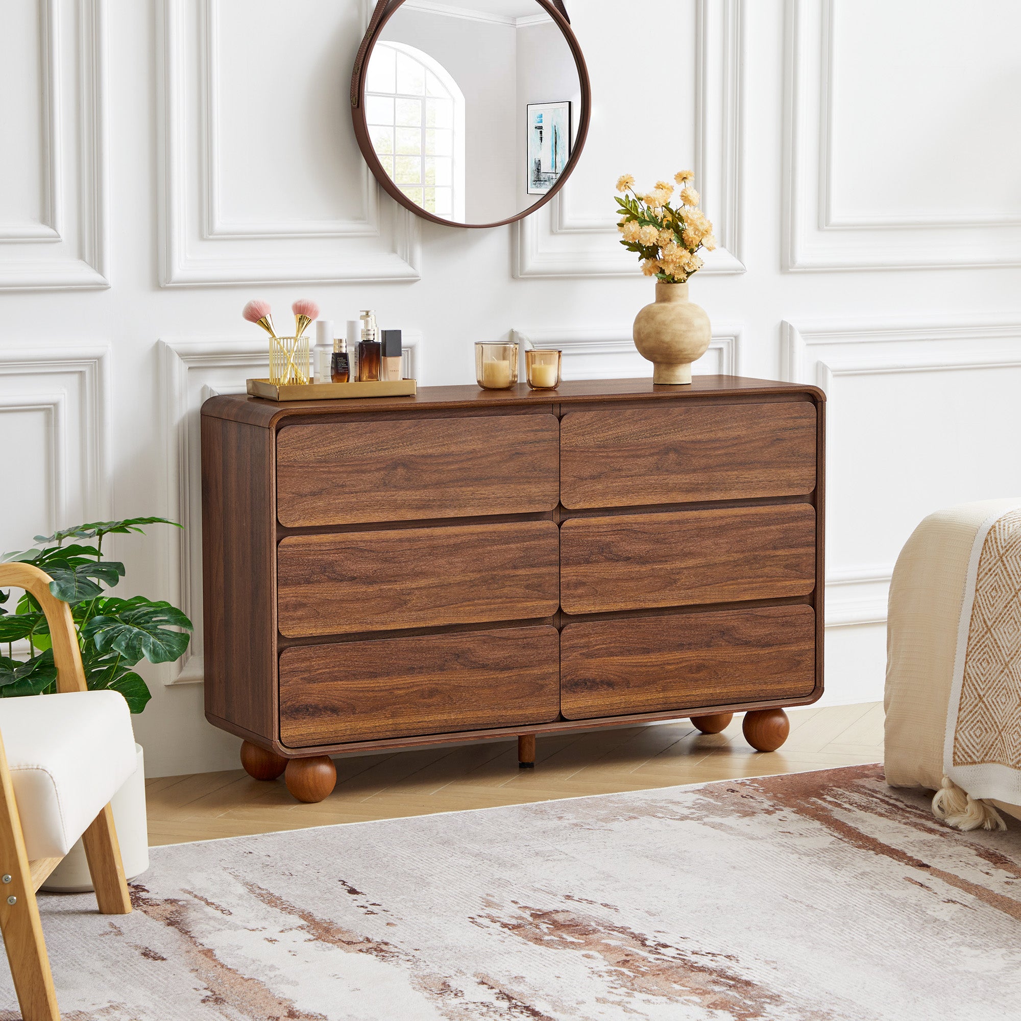 YOCWO 6 Drawer Dresser for Bedroom, Mid Century Chest of Drawers with Arc Edge and Round Leg, Wood Storage Large Dresser Organizer for Bedroom Living Room Hallway Closet