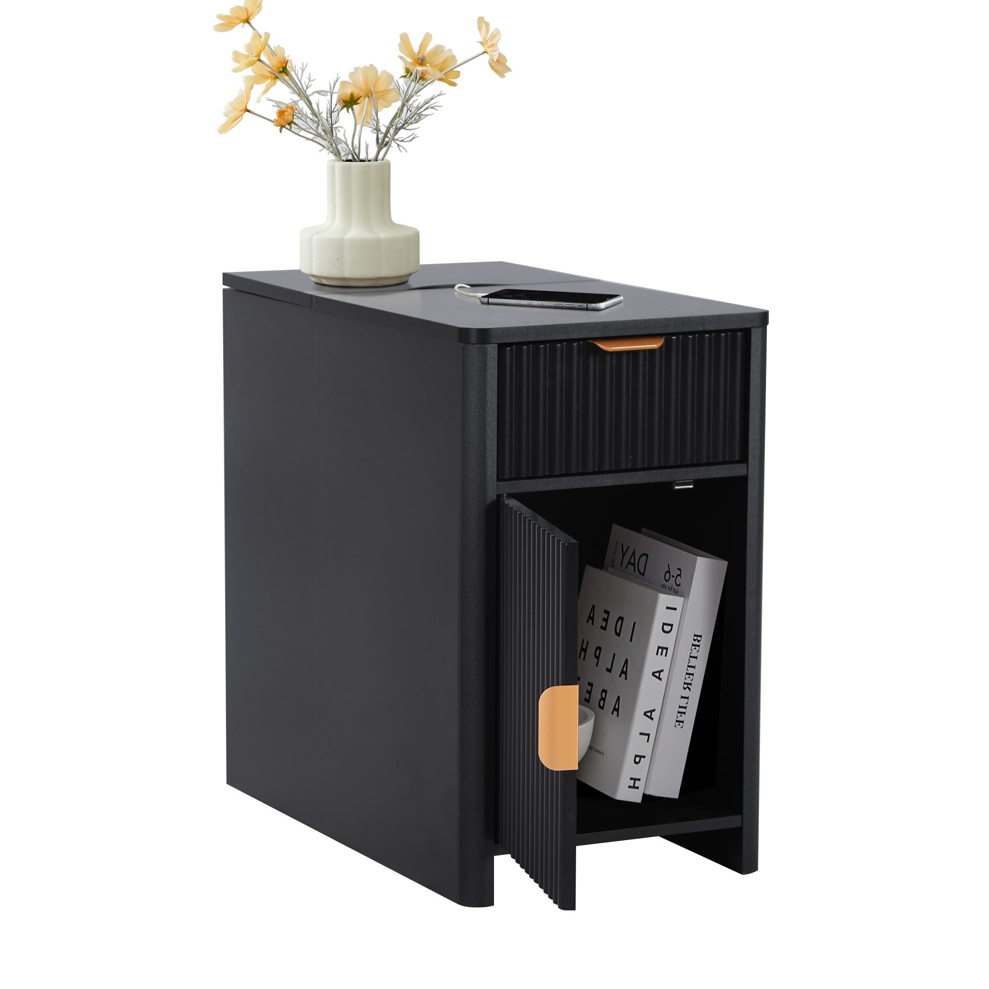 YOCWO Fluted Narrow Nightstand with Charging Station for Bedroom, Wood End Table with Drawer and Door for Living Room
