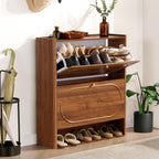 YOCWO Fluted Shoe Storage Cabinet with 2 Flip Drawers, Mid Century Wood Shoe Rack Organizer with Open Shelf, Freestanding Narrow Shoe Cabinet for Entryway Hallway