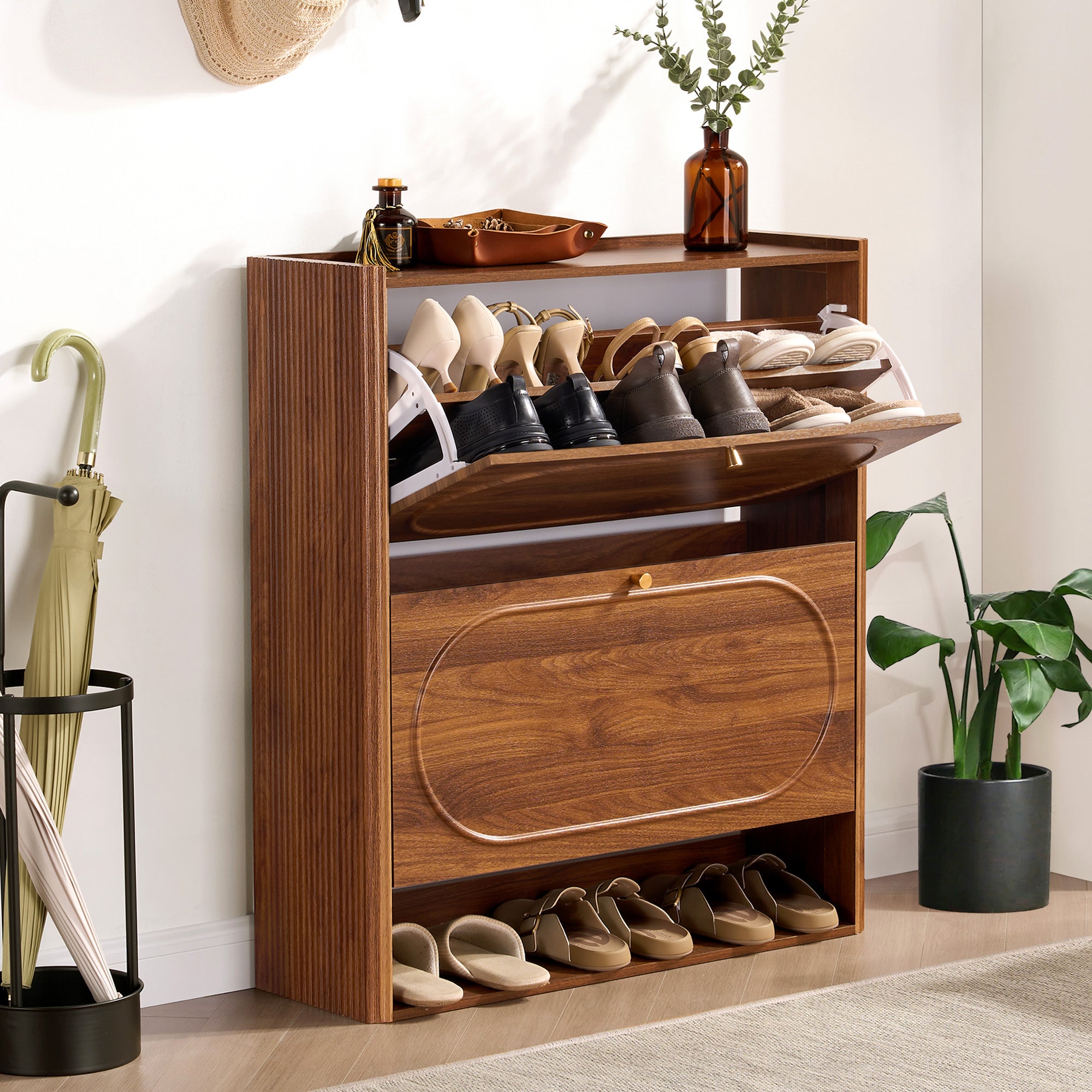 YOCWO Fluted Shoe Storage Cabinet with 2 Flip Drawers, Mid Century Wood Shoe Rack Organizer with Open Shelf, Freestanding Narrow Shoe Cabinet for Entryway Hallway