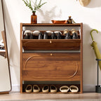 YOCWO Fluted Shoe Storage Cabinet with 2 Flip Drawers, Mid Century Wood Shoe Rack Organizer with Open Shelf, Freestanding Narrow Shoe Cabinet for Entryway Hallway