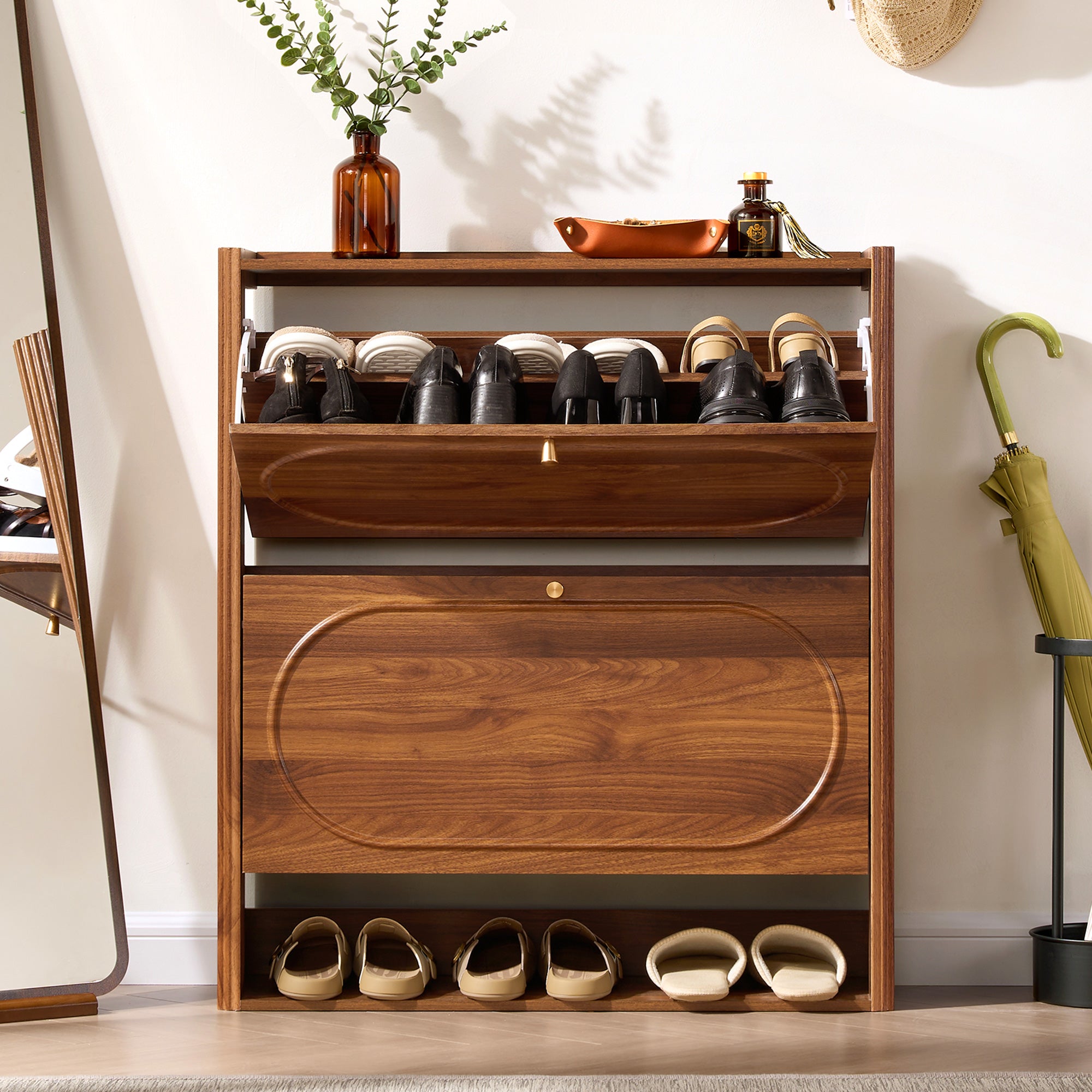 YOCWO Fluted Shoe Storage Cabinet with 2 Flip Drawers, Mid Century Wood Shoe Rack Organizer with Open Shelf, Freestanding Narrow Shoe Cabinet for Entryway Hallway