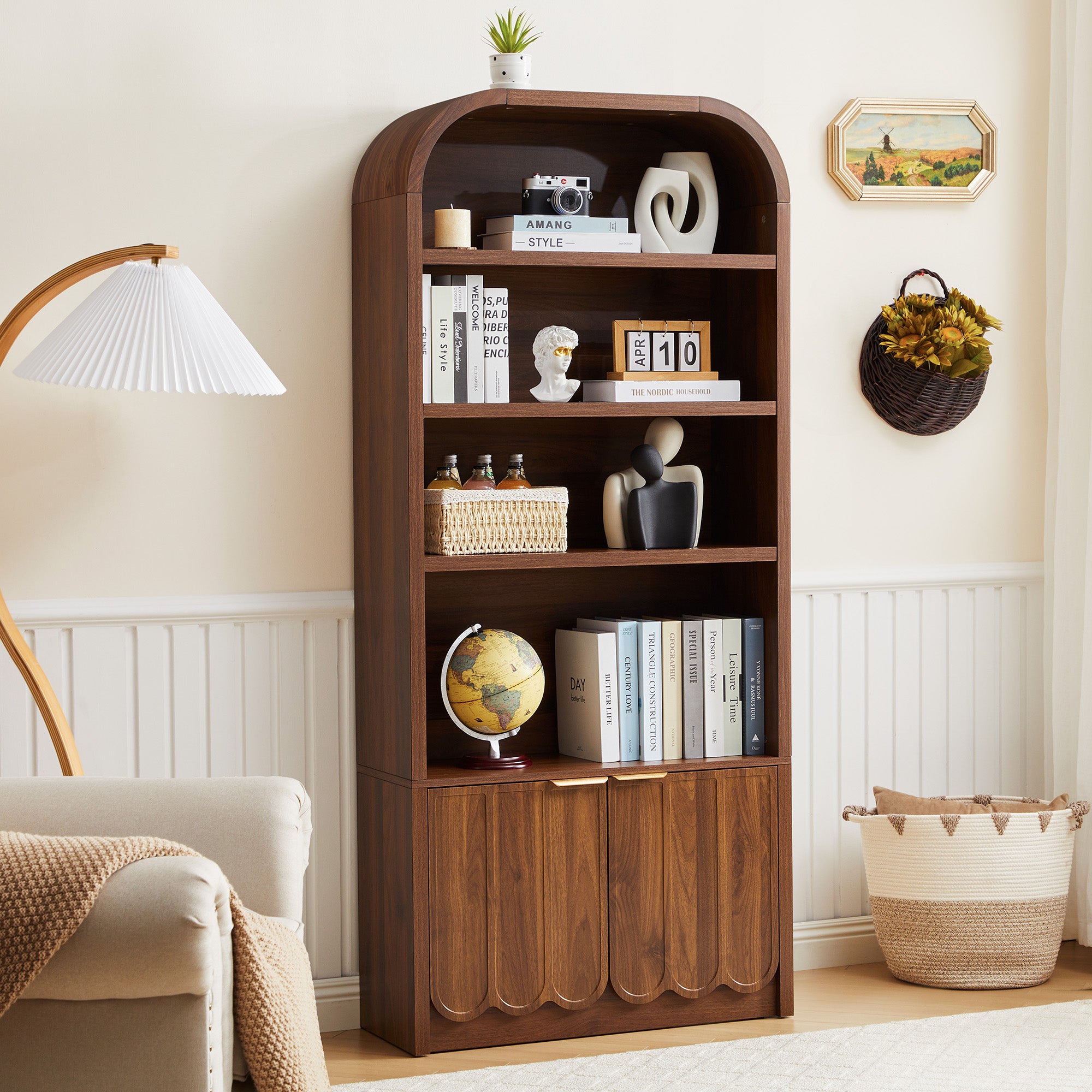 YOCWO 70" Tall Arched Bookcases with 2 Doors & 4 Shelves, Wooden Bookshelf with Wave Panel and Curved Top for Living Room Office