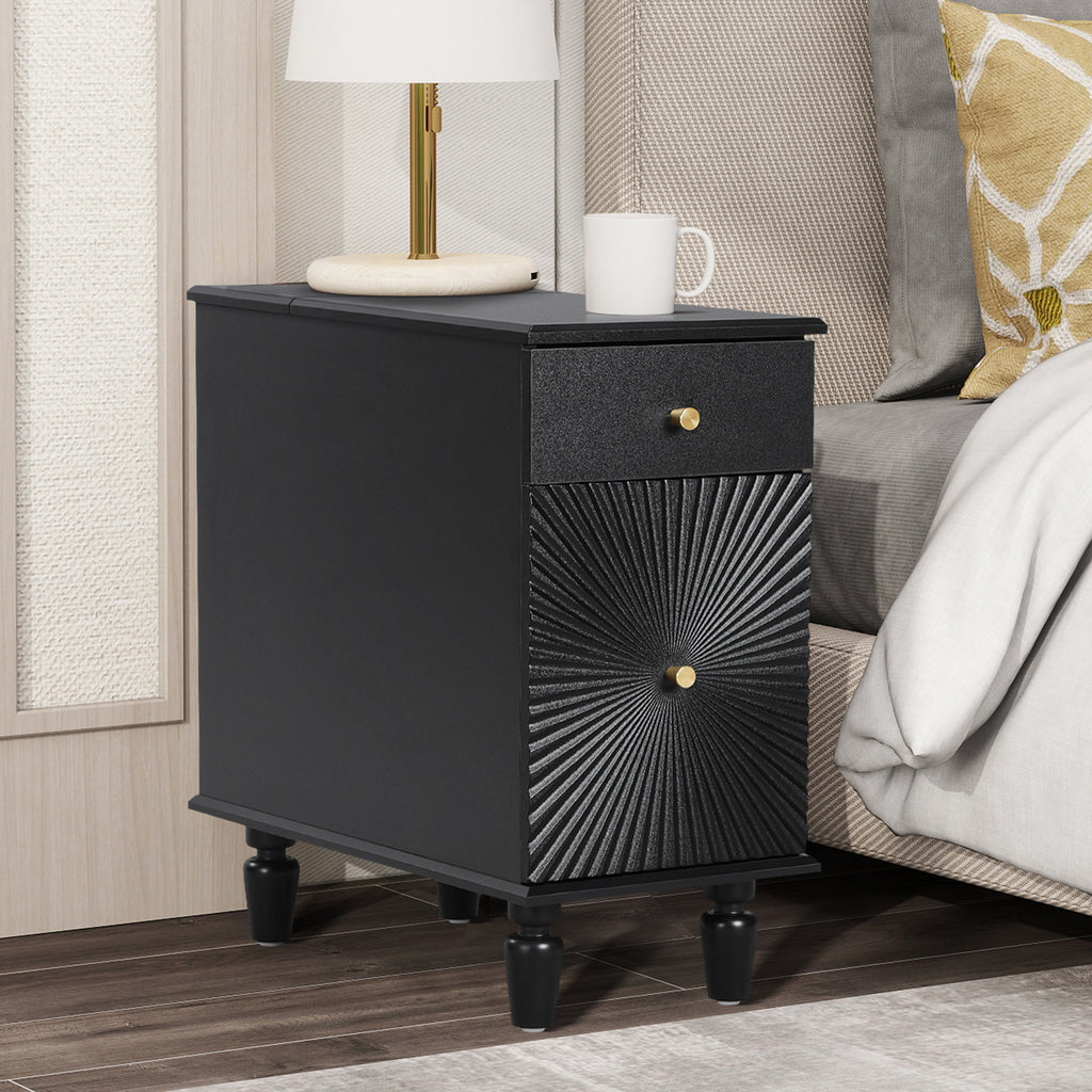 YOCWO Fluted Narrow Nightstand Set of 2 with Charging Station for Bedroom, Wood End Table with Drawer and Door for Living Room