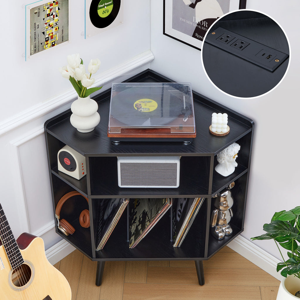 YOCWO Triangle Record Player Stand with Charging Station, Turntable Stand Table Holds Max 200 Albums, Corner Vinyl Record Storage Cabinet with Wood Legs for Living Room Bedroom Office