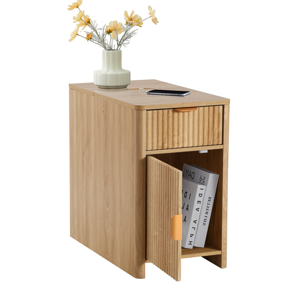 YOCWO Fluted Narrow Nightstand with Charging Station for Bedroom, Wood End Table with Drawer and Door for Living Room
