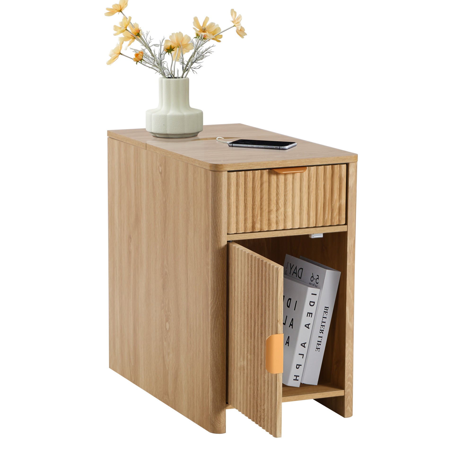 YOCWO Fluted Narrow Nightstand with Charging Station for Bedroom, Wood End Table with Drawer and Door for Living Room