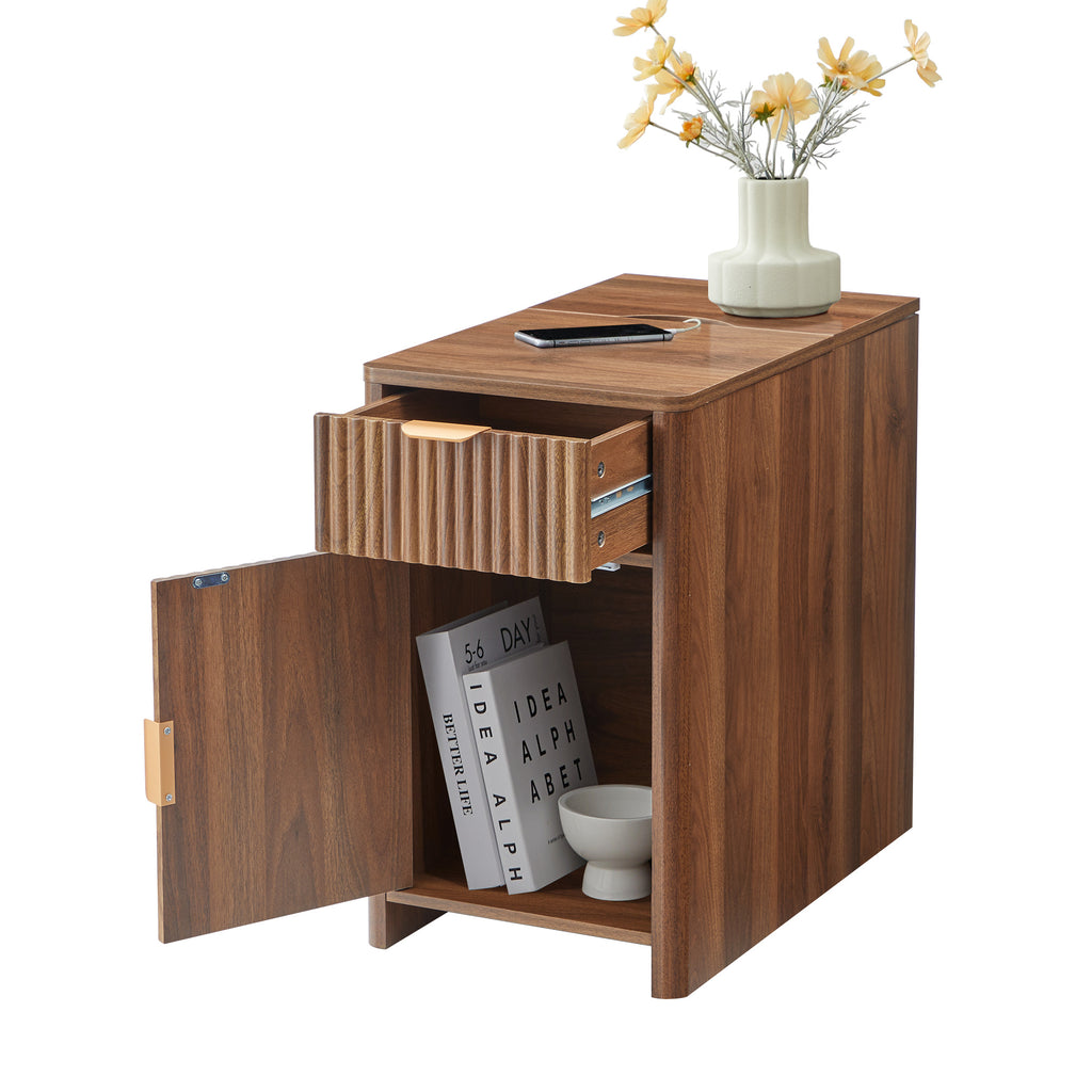 YOCWO Fluted Narrow Nightstand with Charging Station for Bedroom, Wood End Table with Drawer and Door for Living Room