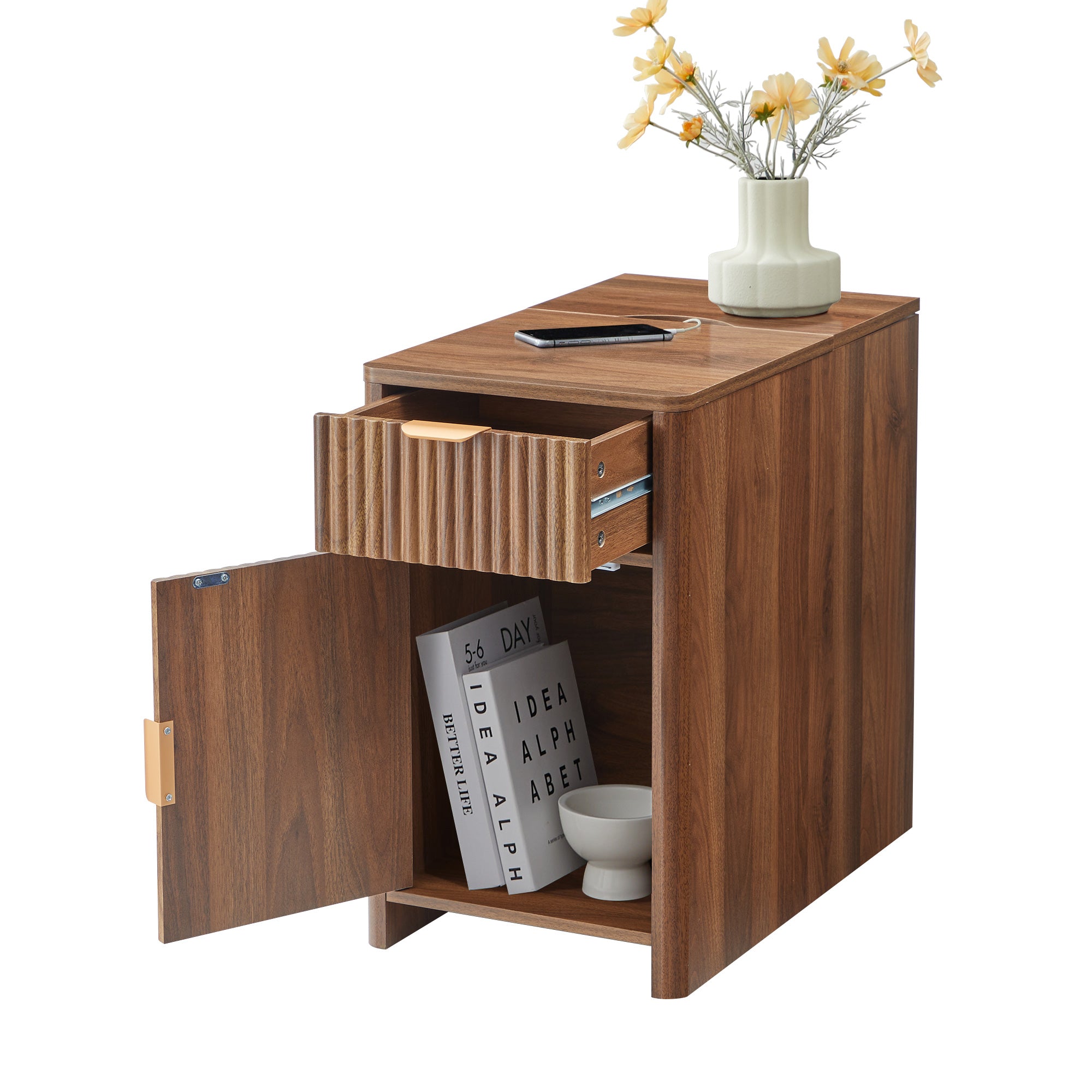 YOCWO Fluted Narrow Nightstand with Charging Station for Bedroom, Wood End Table with Drawer and Door for Living Room