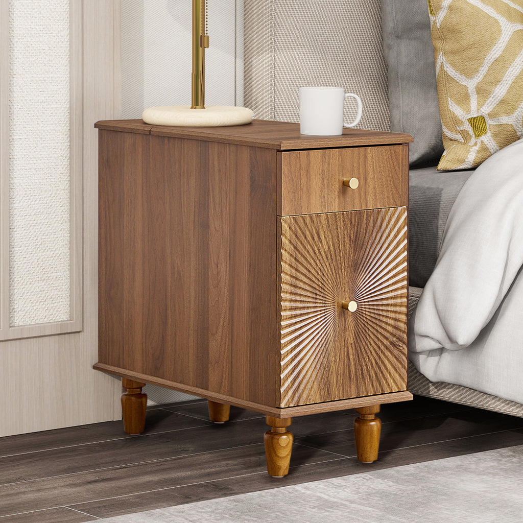 YOCWO Fluted Narrow Nightstand Set of 2 with Charging Station for Bedroom, Wood End Table with Drawer and Door for Living Room